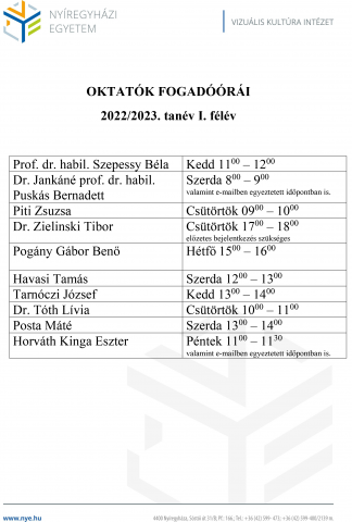 OKTATÓK FOGADÓÓRÁI        2021/22       I. félév